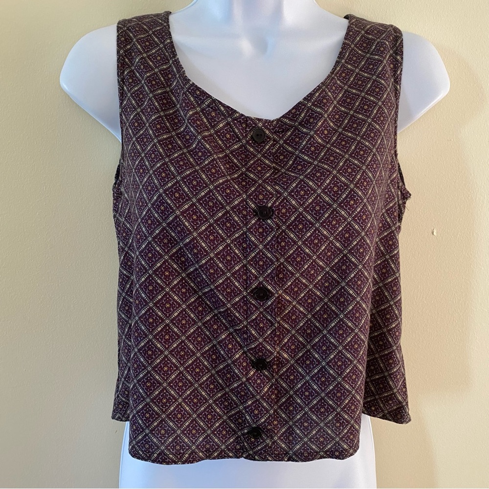 Isabelle Sleeveless Button Purple & Cream Diamond Pattern Blouse Size XS Extra S